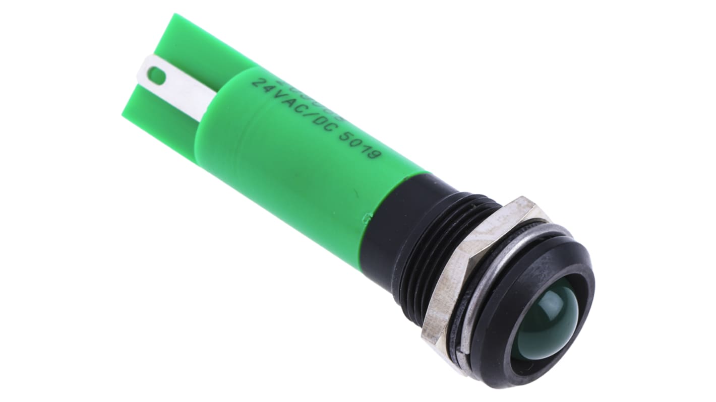 RS PRO Green Panel Mount Indicator, 24V ac/dc, 12mm Mounting Hole Size, Solder Tab Termination, IP67