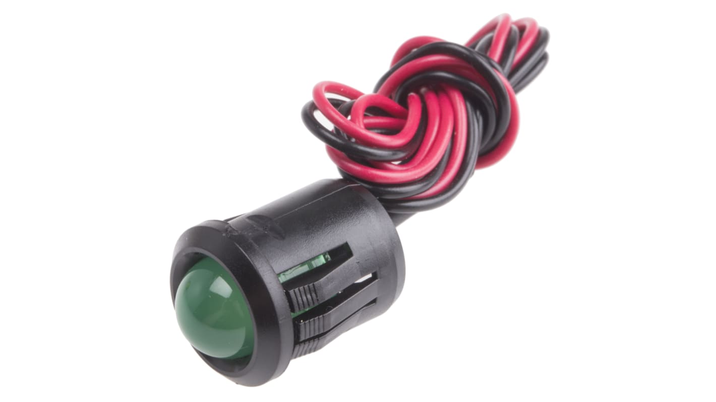 Lampka kontrolna do montażu panelowego 2V dc, zielona 14mm LED Czarny Wyprowadzenia RS PRO