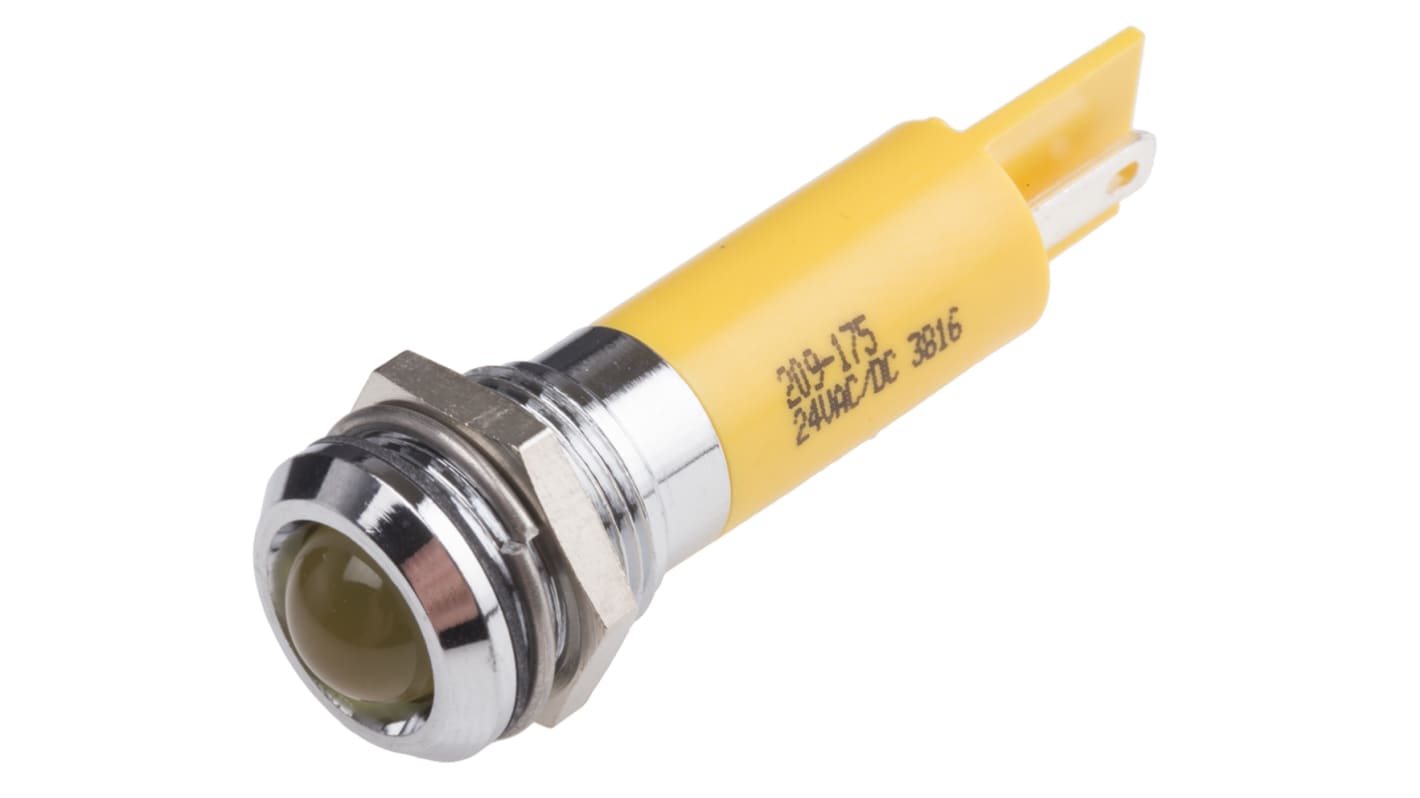 RS PRO Yellow Panel Mount Indicator, 24V ac/dc, 12mm Mounting Hole Size, Solder Tab Termination, IP67