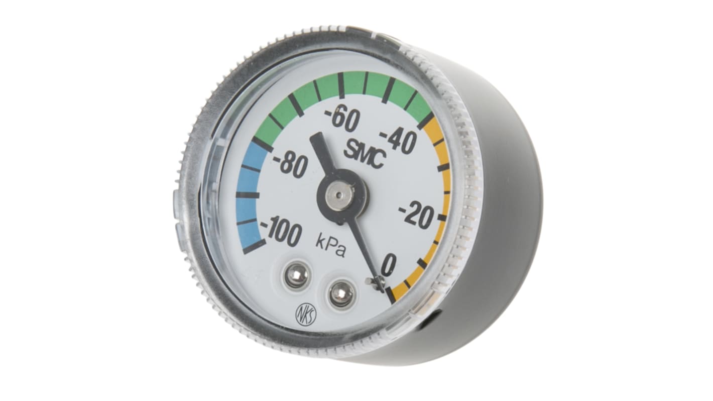 SMC Analogue Pressure Gauge 0kPa Back Entry, GZ46-K-02, UKAS, -100kPa min.