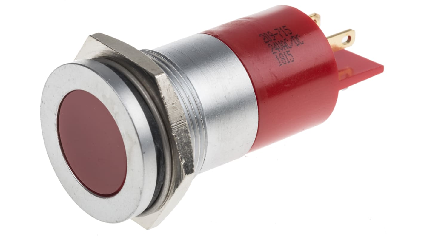 RS PRO Rød Lysdiode Panelmonteret kontrollampe 22mm hulstr., Forsænket, Loddeflig, 24V ac/dc, Krom frontramme