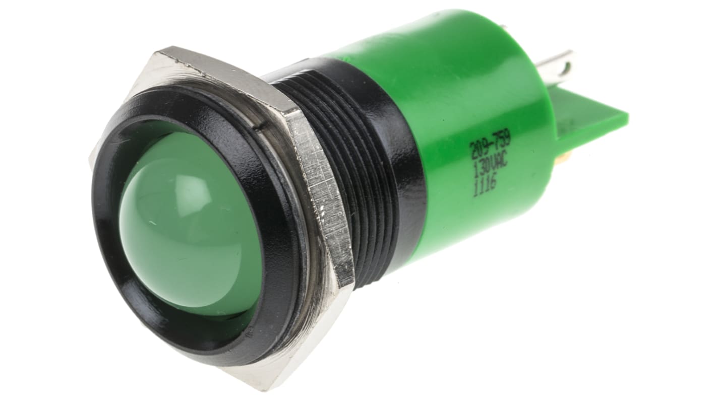 RS PRO Green Panel Mount Indicator, 130V ac, 22mm Mounting Hole Size, IP67