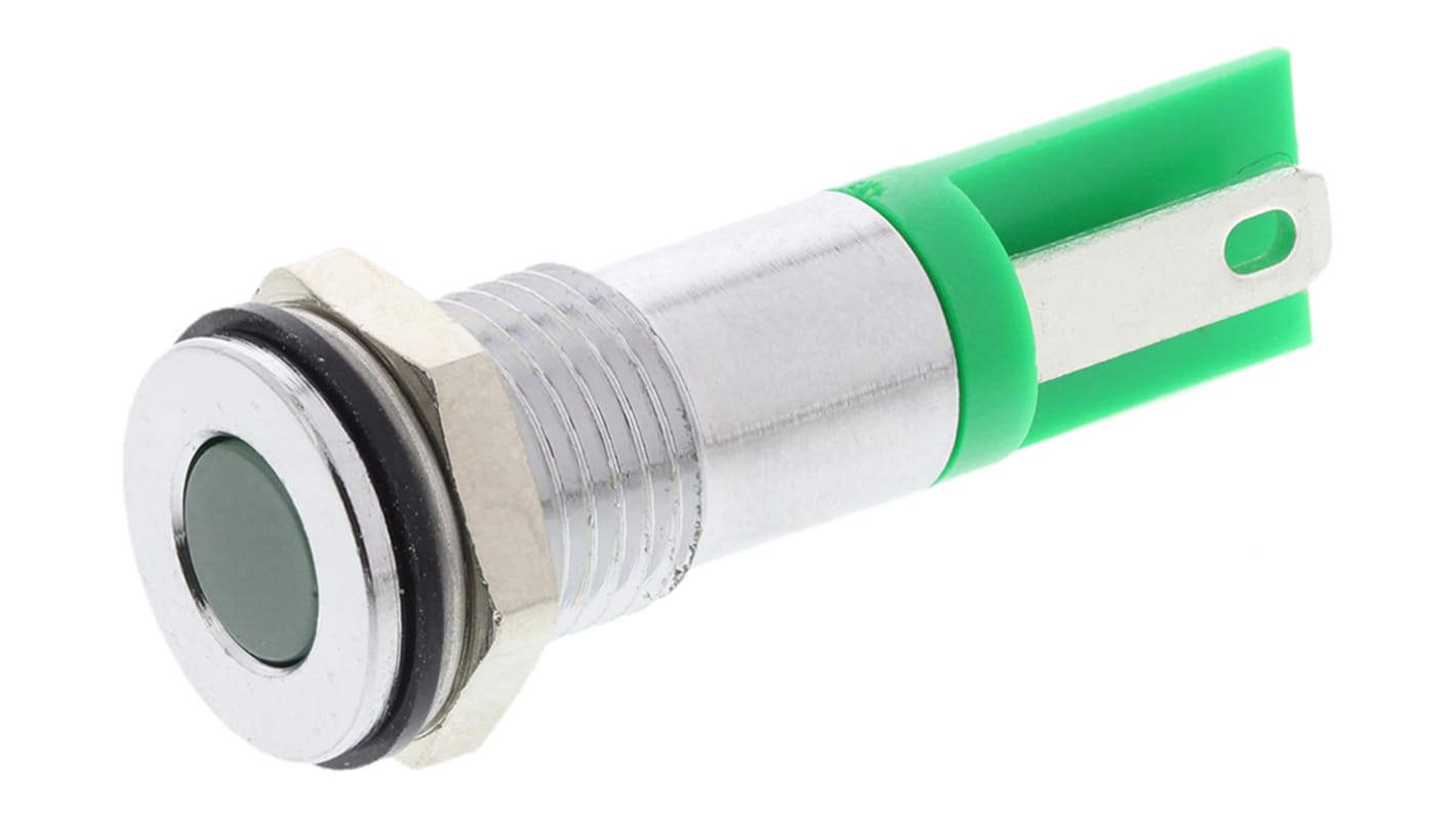 RS PRO Green Panel Mount Indicator, 2V dc, 8mm Mounting Hole Size, Solder Tab Termination