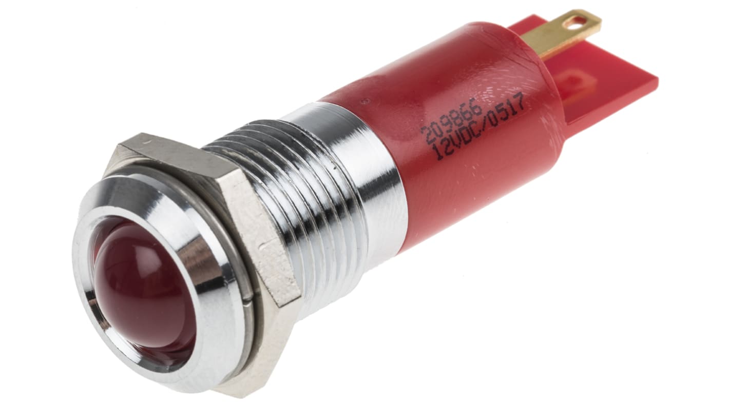 Lampka kontrolna do montażu panelowego 12V dc, czerwona 14mm Dioda LED migająca Chrom Końcówka lutownicza RS PRO