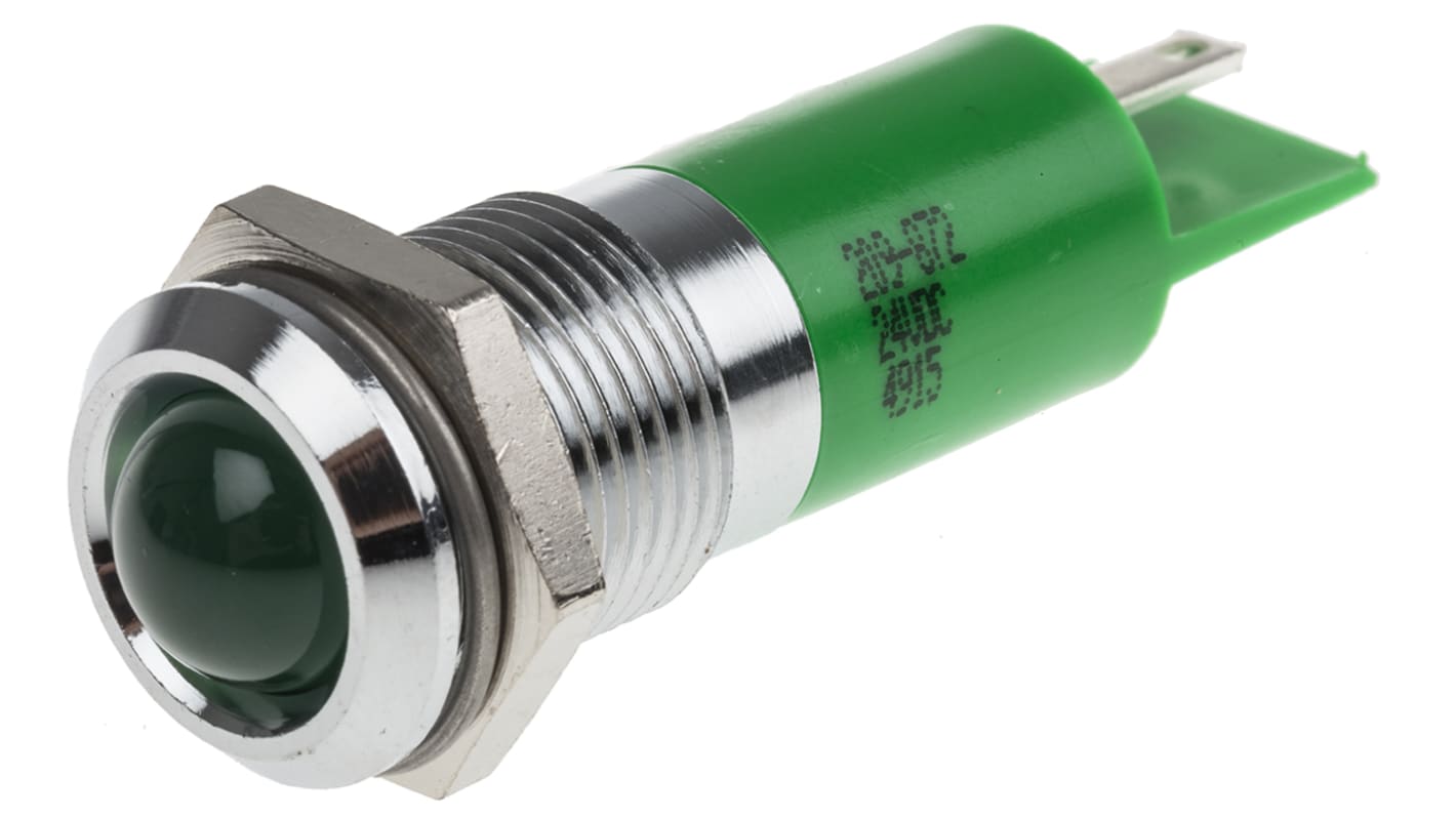 RS PRO 绿色闪光LED面板指示灯, 24V 直流, 20mA, Φ14mm安装孔, 焊片端接, 凸型边框, 铬色边框