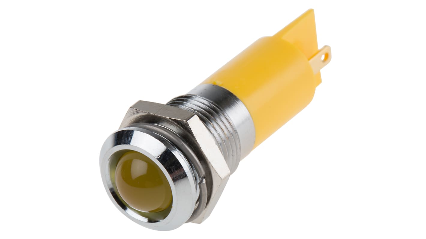 Indicador LED intermitente RS PRO, Amarillo, lente prominente, marco Cromo, Ø montaje 14mm, 24V dc, 20mA, 30mcd