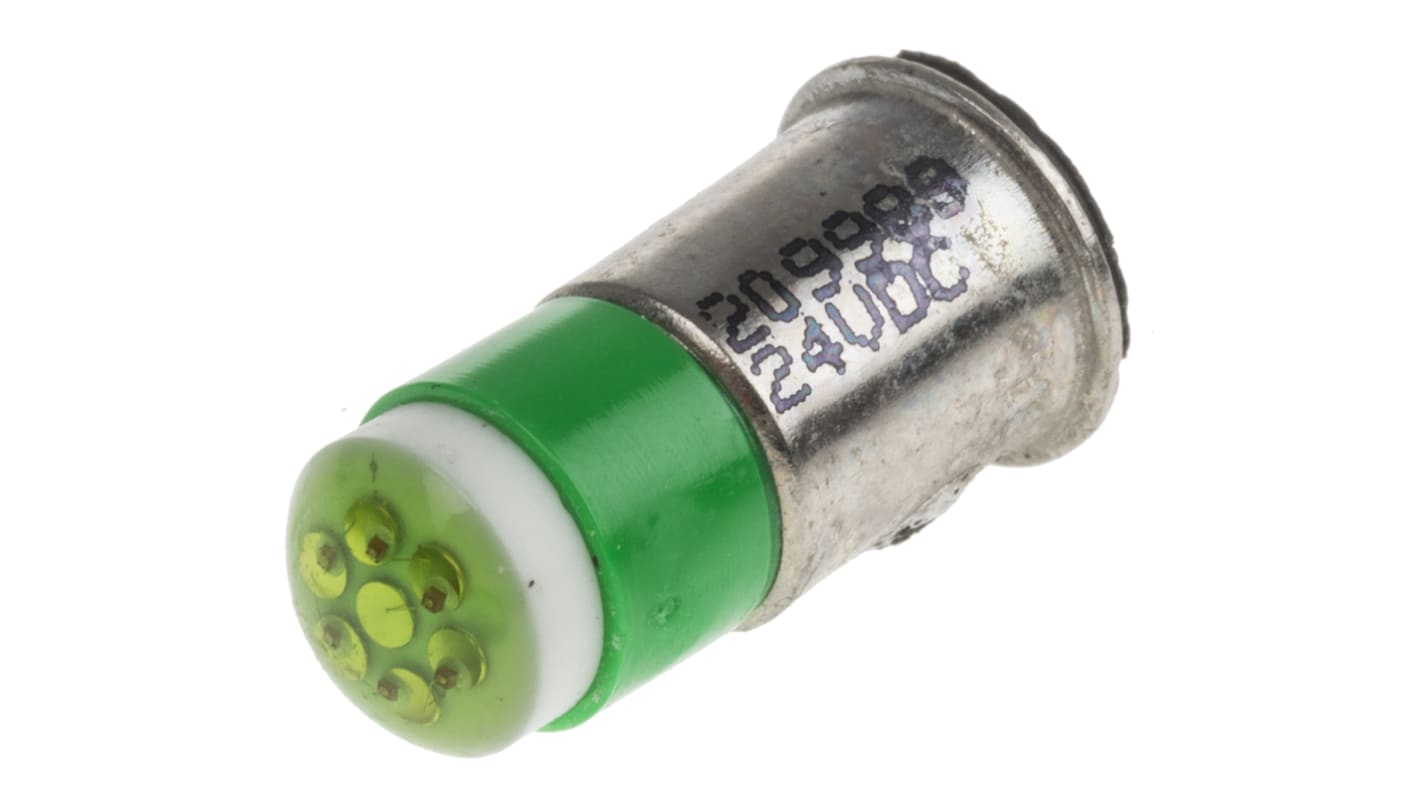 RS PRO LED指示灯泡, 绿色, 小型法兰灯座, Φ6mm, 15.25mm长, 24V 直流, 14mA, 35mcd
