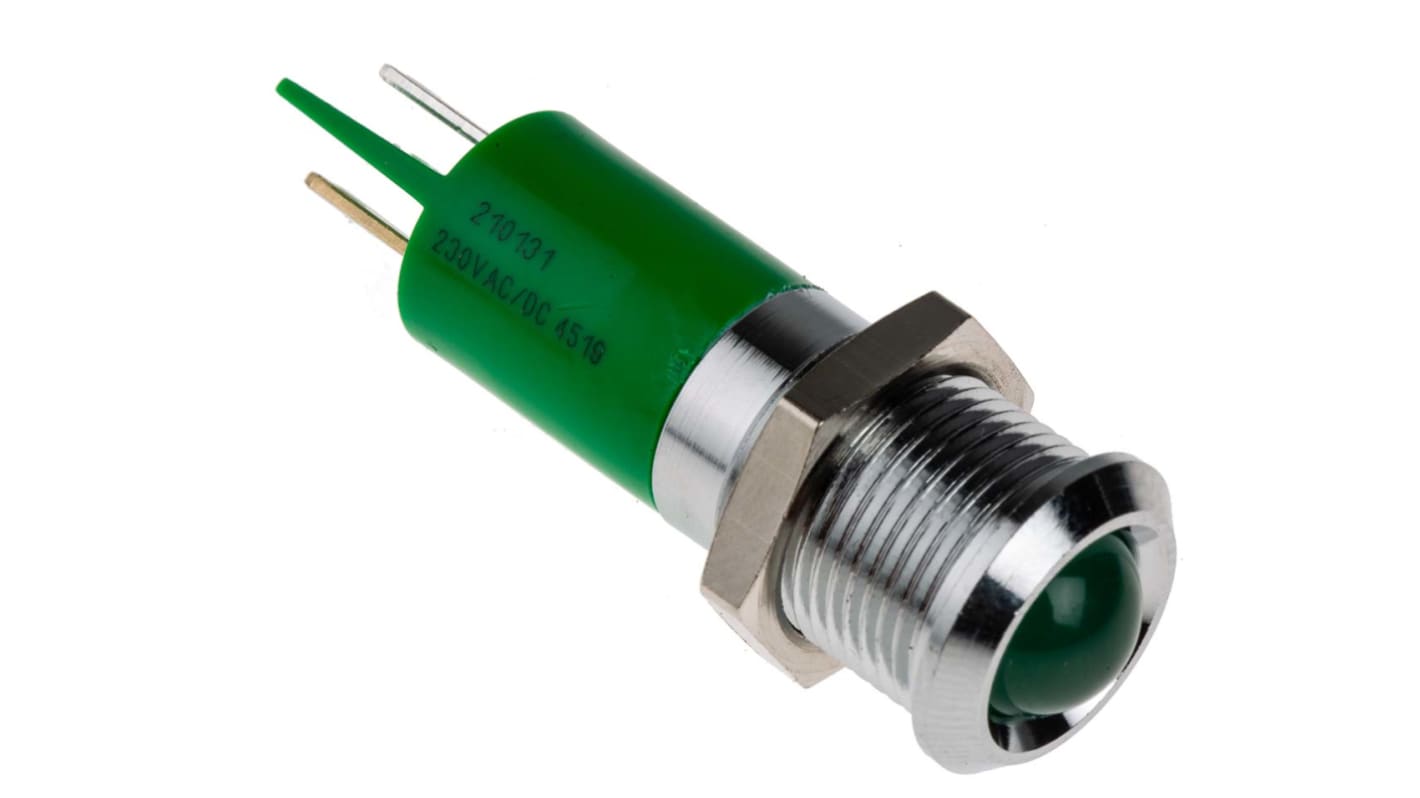 RS PRO 绿色LED面板指示灯, 230V 交流, 3mA, Φ14mm安装孔, 凸型边框, 铬色边框, IP67