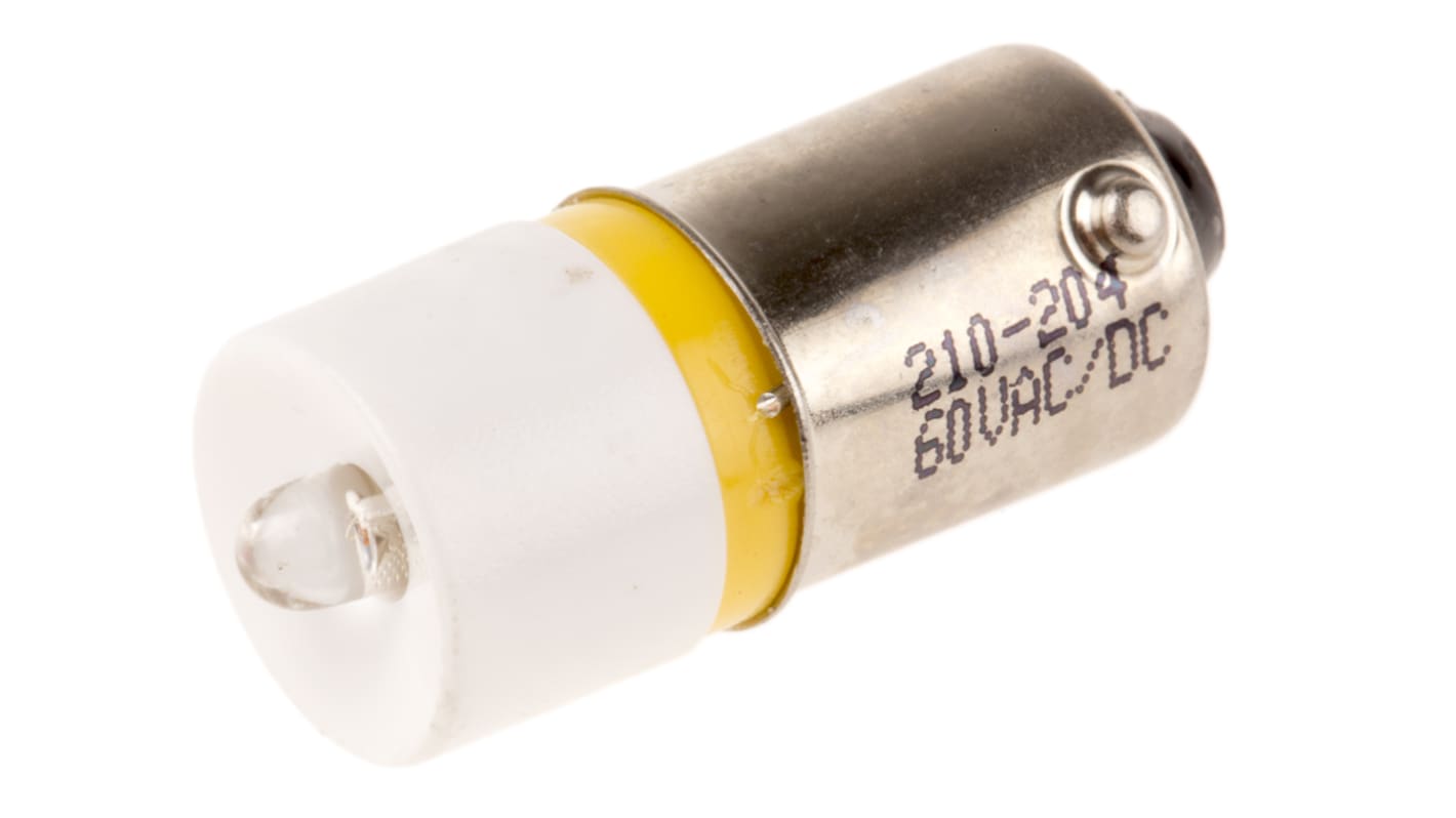 RS PRO LED指示灯泡, 黄色, BA9s灯座, Φ10mm, 25mm长, 60V 交流/直流, 6mA, 100mcd