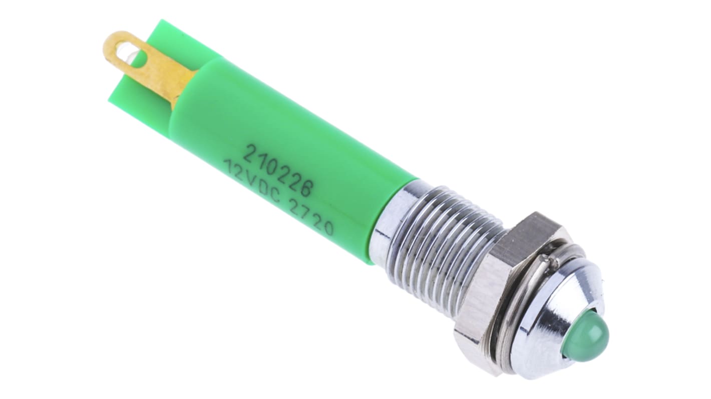 Indicatore da pannello RS PRO Verde  a LED, 12V cc, Sporgente, foro da 6mm
