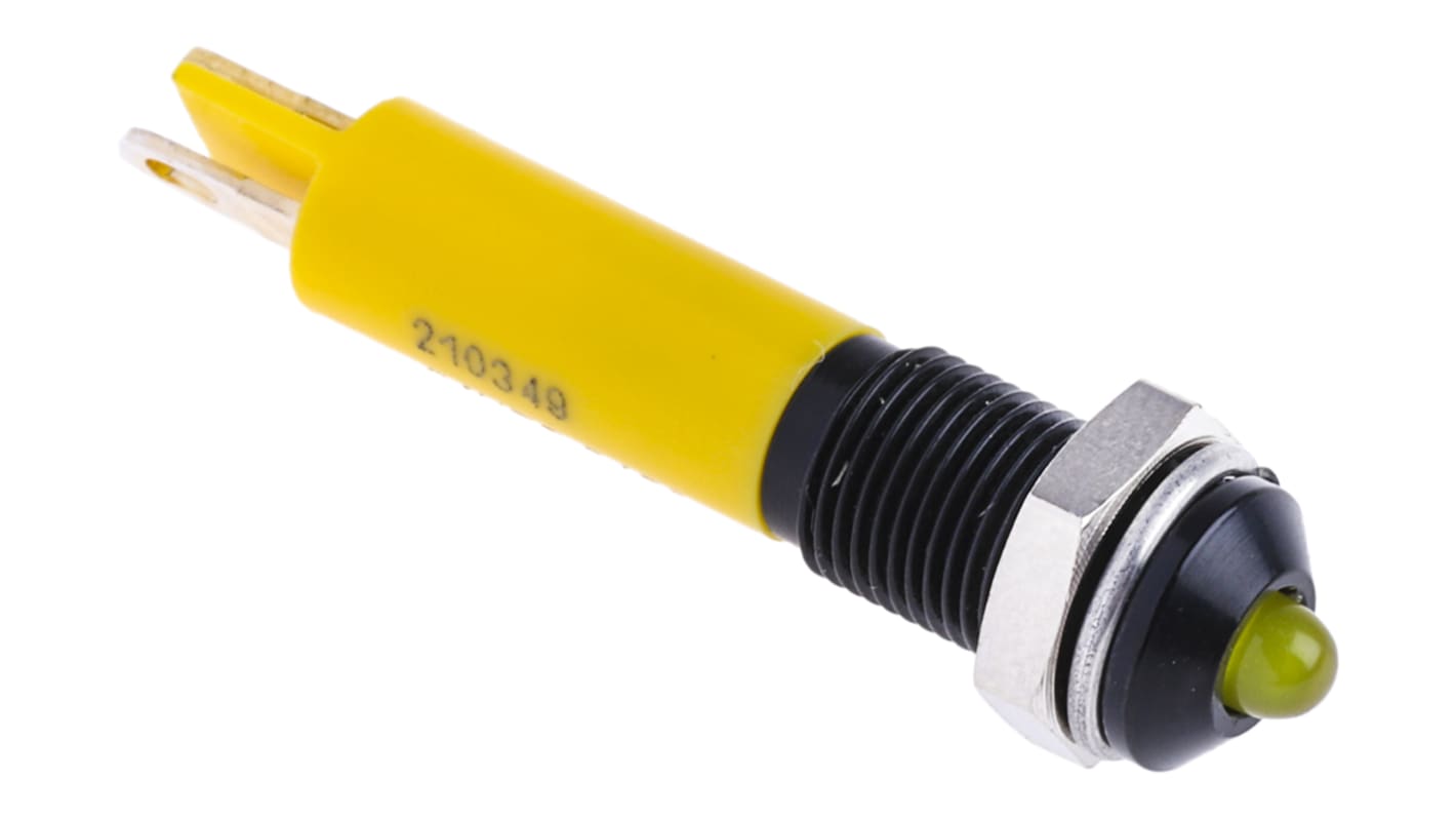 RS PRO 黄色LED面板指示灯, 24V 直流, 20mA, Φ6mm安装孔, 焊片端接, 凸型边框, 黑色边框