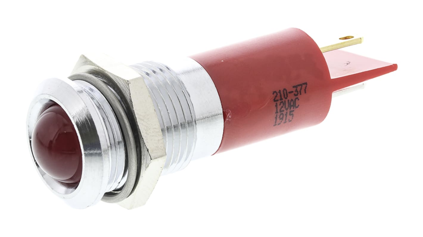 RS PRO 红色LED面板指示灯, 12V 交流, 20mA, Φ14mm安装孔, 焊片端接, 凸型边框, 铬色边框