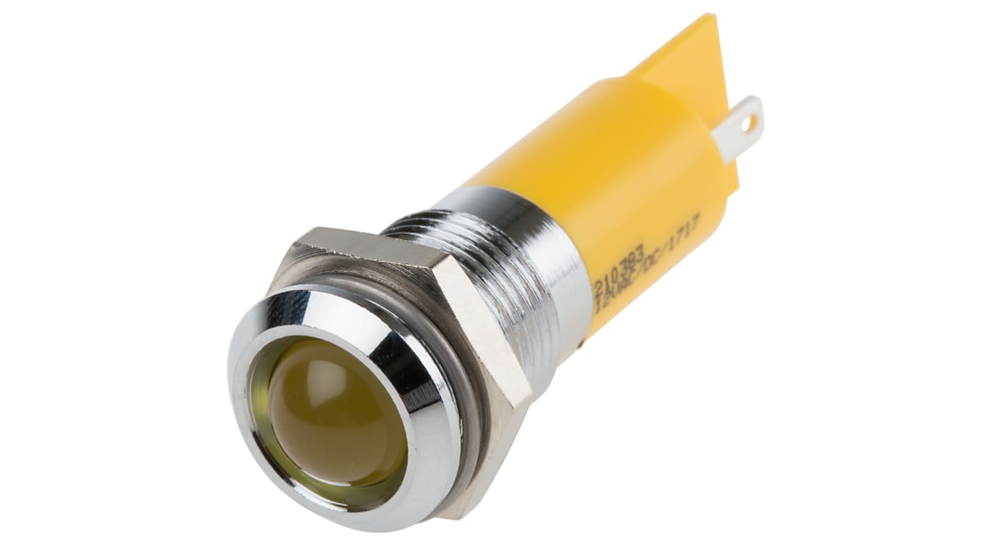 RS PRO Yellow Panel Mount Indicator, 12V, 14mm Mounting Hole Size, Solder Tab Termination