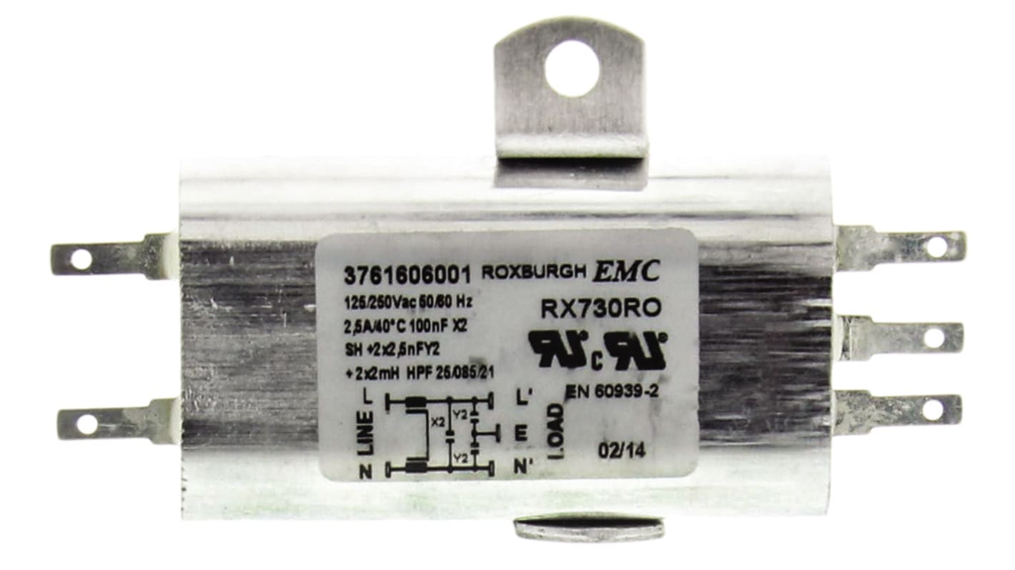 Roxburgh EMC, RX730 2.5A 250 V ac 60Hz, Chassis Mount RFI Filter, Tab, Single Phase