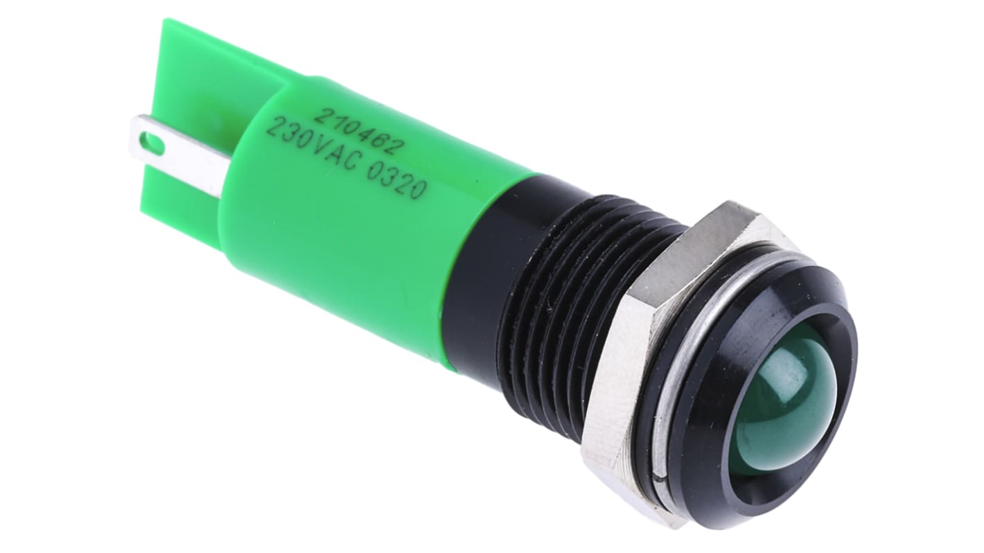 RS PRO 绿色LED面板指示灯, 230V 交流, 3mA, Φ14mm安装孔, 凸型边框, 黑色边框, IP67