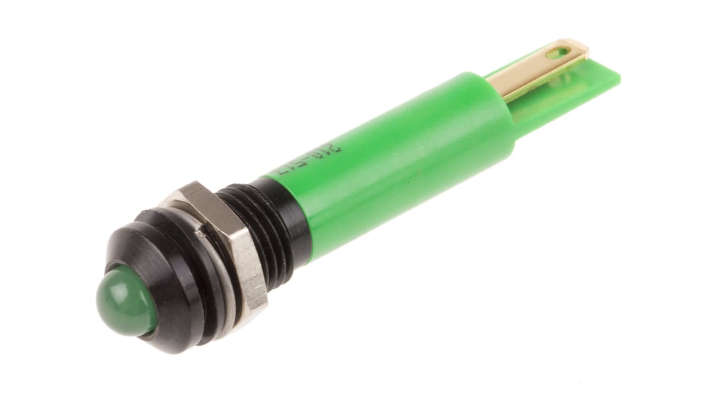 RS PRO Green Panel Mount Indicator, 110V ac, 8mm Mounting Hole Size, Solder Tab Termination