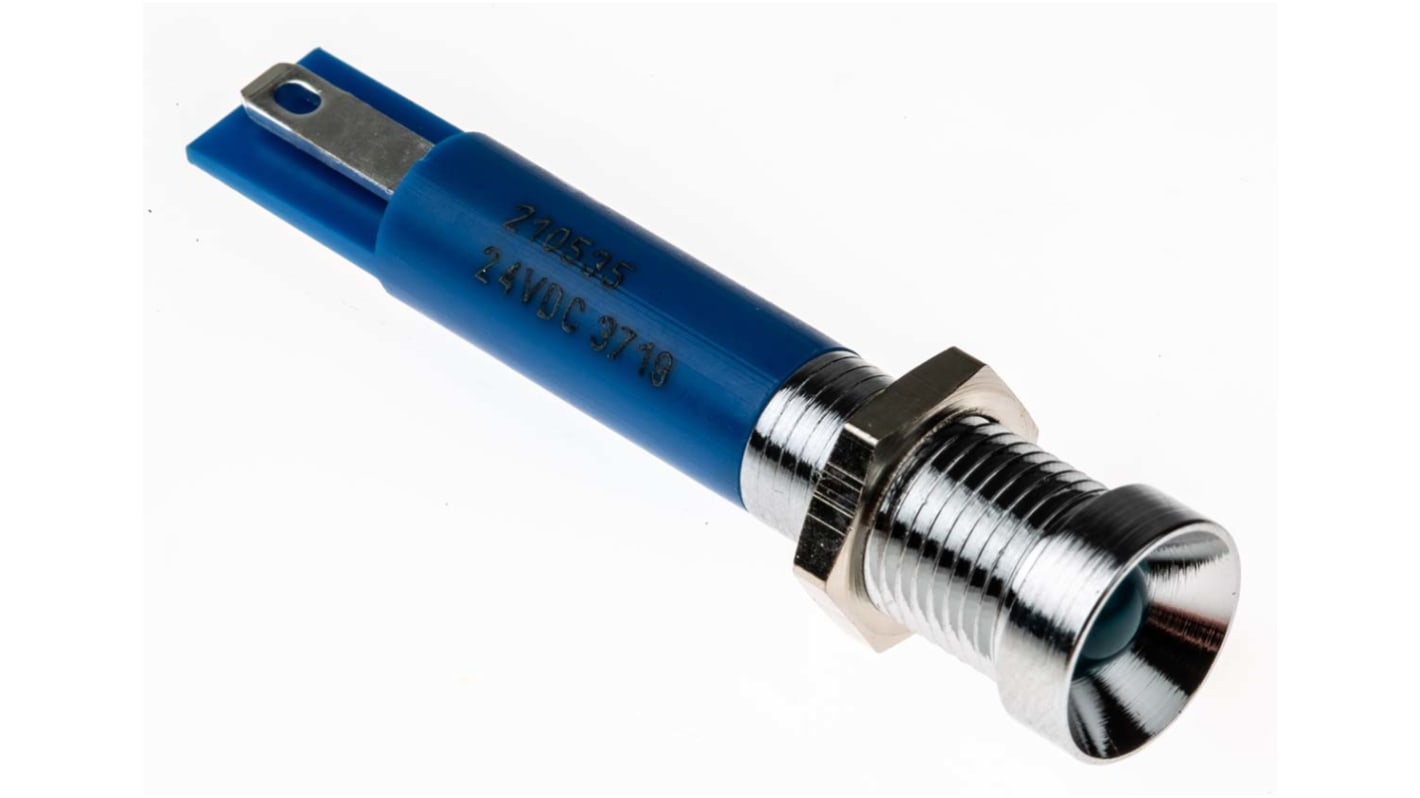 RS PRO 蓝色LED面板指示灯, 24V 直流, 20mA, Φ8mm安装孔, 焊片端接, 凹入式边框, 铬色边框