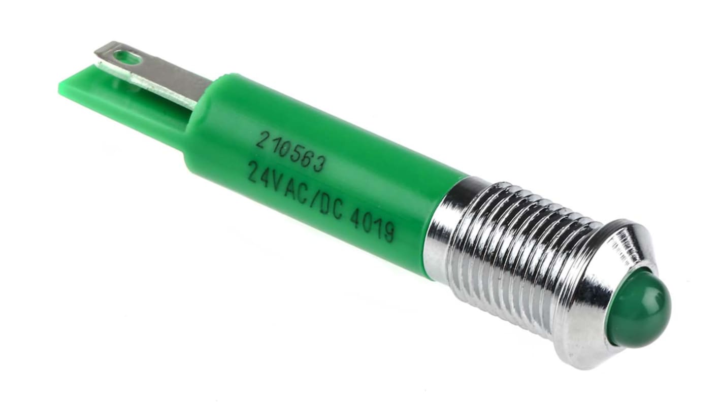 RS PRO Green Panel Mount Indicator, 24V ac, 8mm Mounting Hole Size, Solder Tab Termination