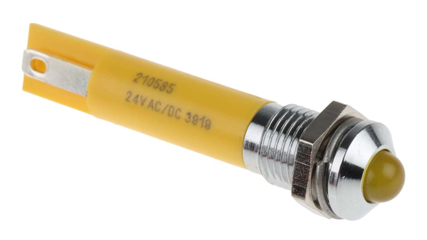 RS PRO Yellow Panel Mount Indicator, 24V ac, 8mm Mounting Hole Size, Solder Tab Termination