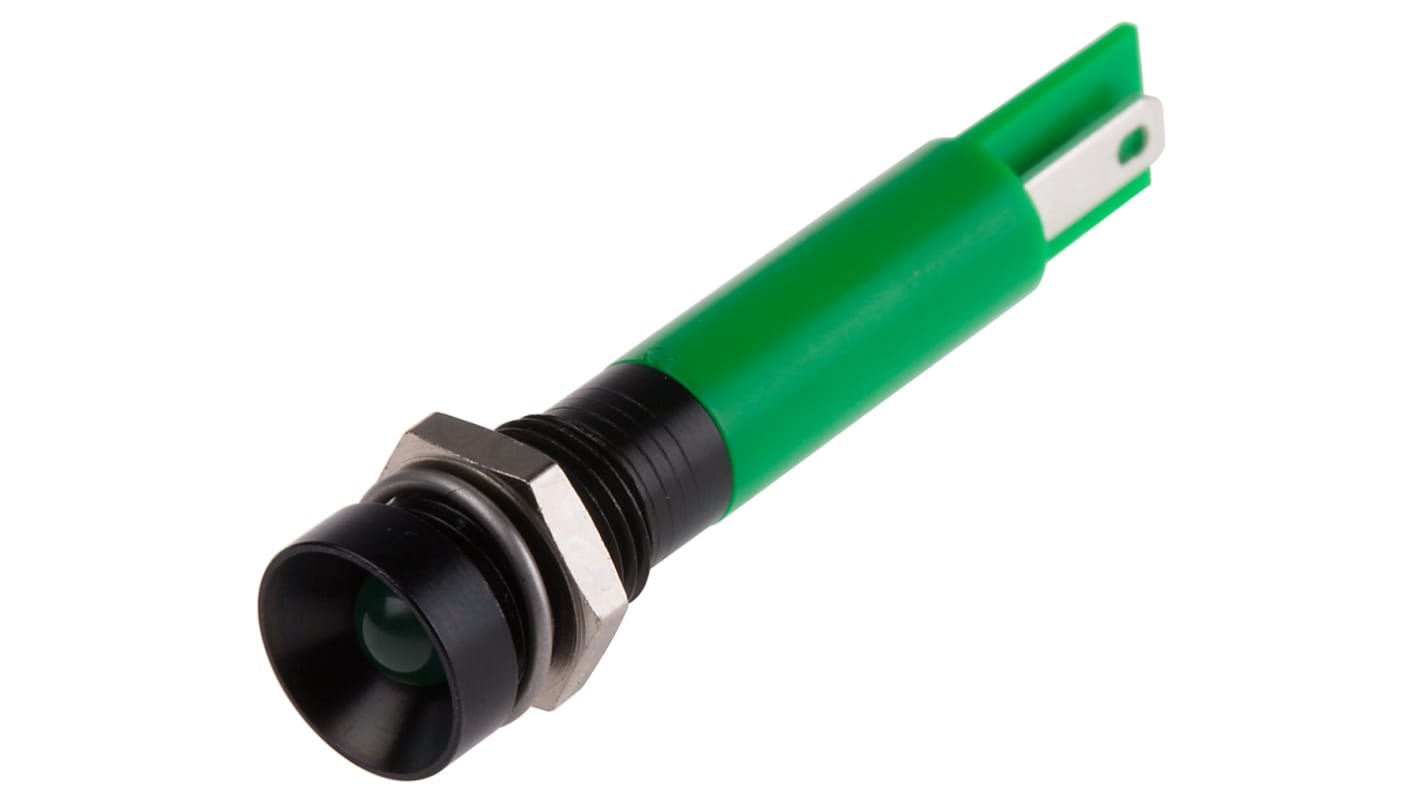 RS PRO 绿色LED面板指示灯, 24V 交流, 20mA, Φ8mm安装孔, 焊片端接, 凹入式边框