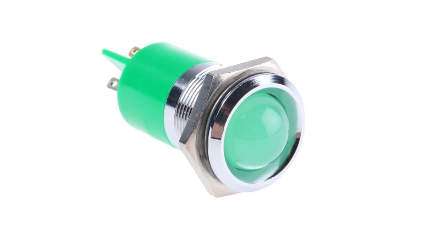 RS PRO 绿色LED面板指示灯, 230V 交流, 3mA, Φ22mm安装孔, 凸型边框, 铬色边框