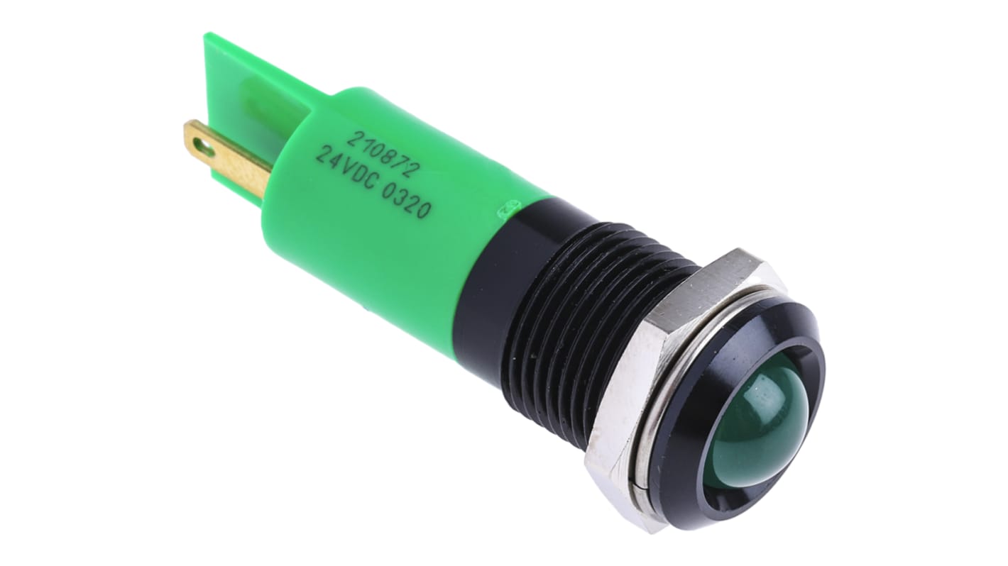 RS PRO Green Panel Mount Indicator, 24V dc, 14mm Mounting Hole Size, Solder Tab Termination