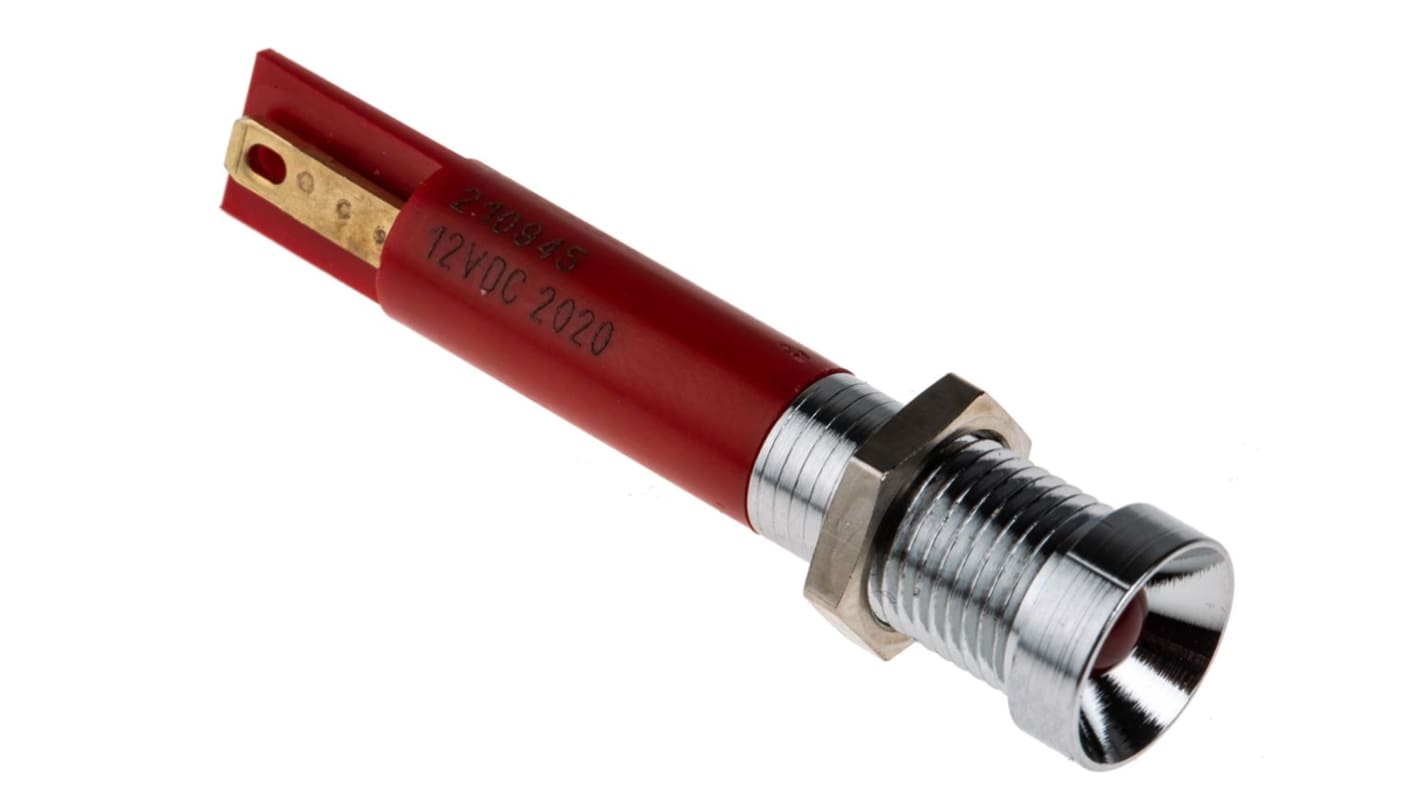 RS PRO Red Panel Mount Indicator, 12V dc, 8mm Mounting Hole Size, Solder Tab Termination