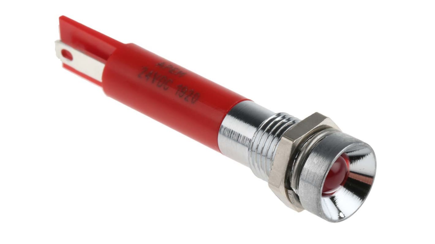RS PRO 红色LED面板指示灯, 24V 直流, 20mA, Φ8mm安装孔, 焊片端接, 凹入式边框, 铬色边框