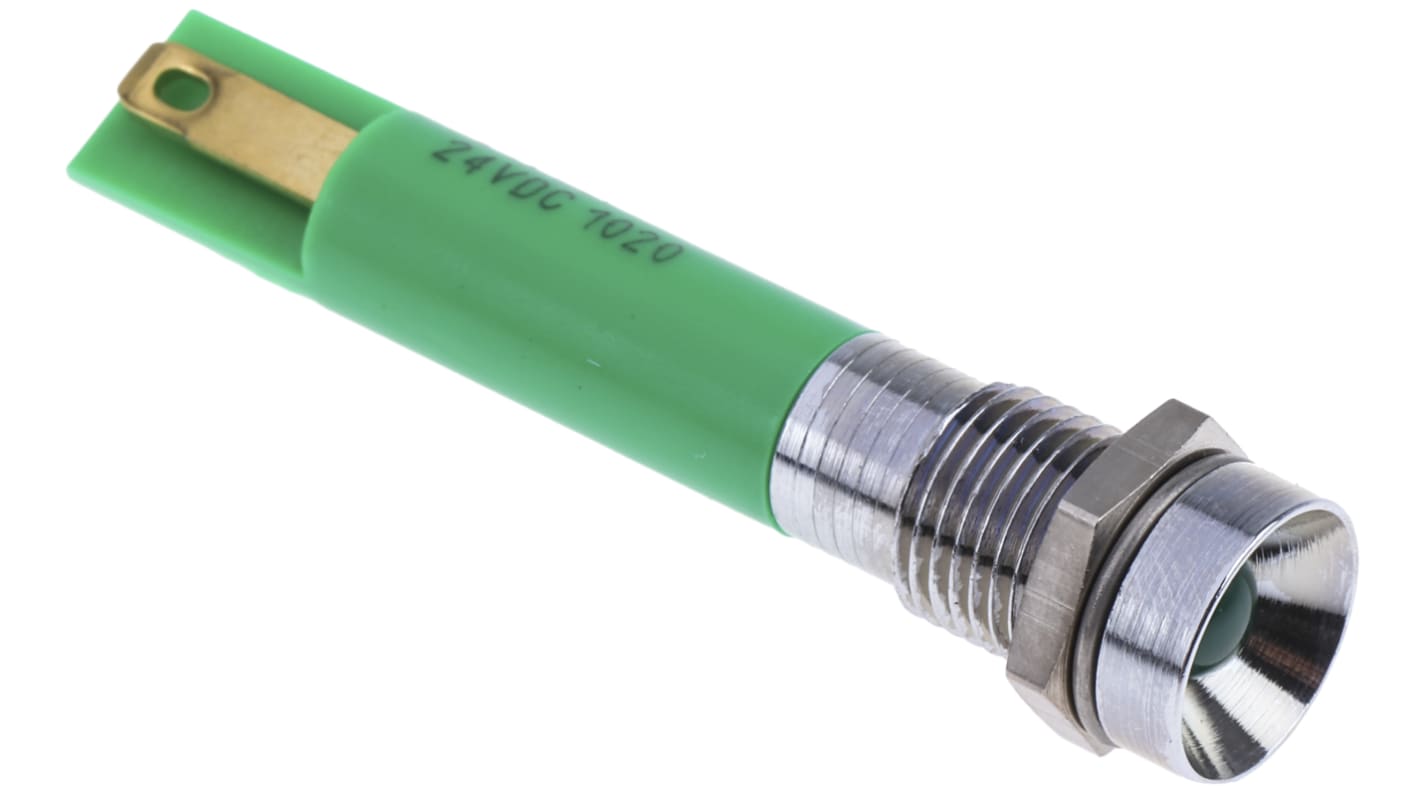 RS PRO 绿色LED面板指示灯, 24V 直流, 20mA, Φ8mm安装孔, 焊片端接, 凹入式边框, 铬色边框, IP40