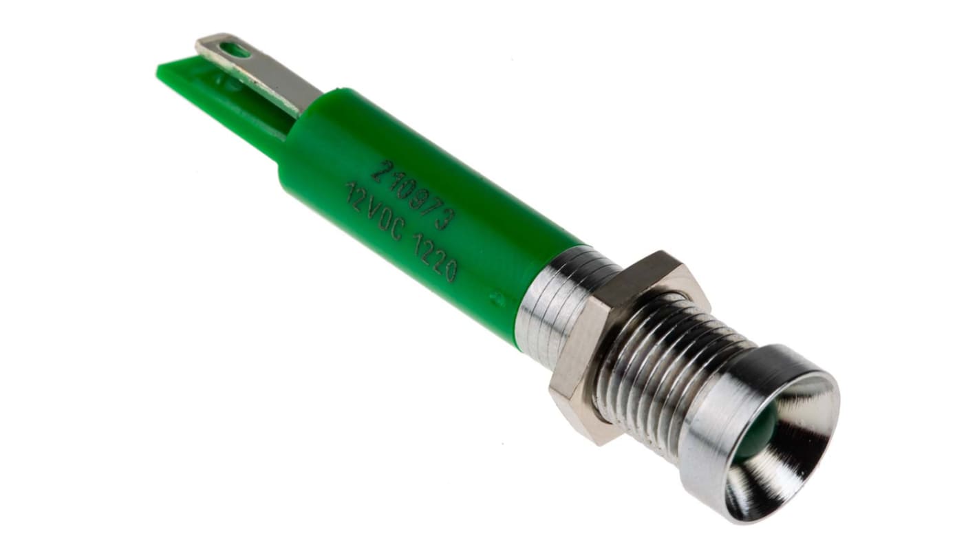 RS PRO 绿色LED面板指示灯, 12V 直流, 20mA, Φ8mm安装孔, 焊片端接, 凹入式边框, 铬色边框