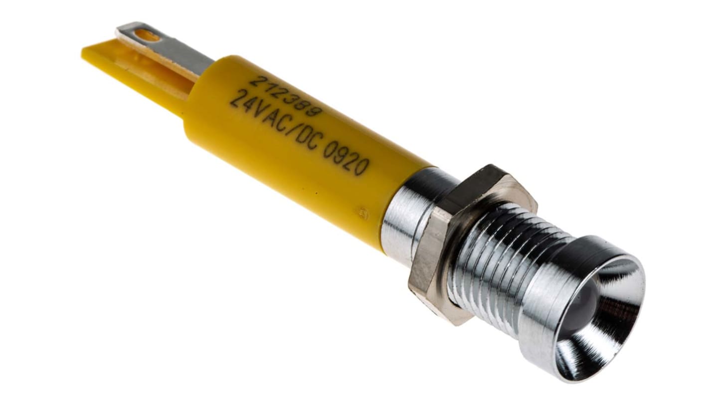 RS PRO Gul Lysdiode Panelmonteret kontrollampe 8mm hulstr., Forsænket, Loddeflig, 24V dc, Krom frontramme