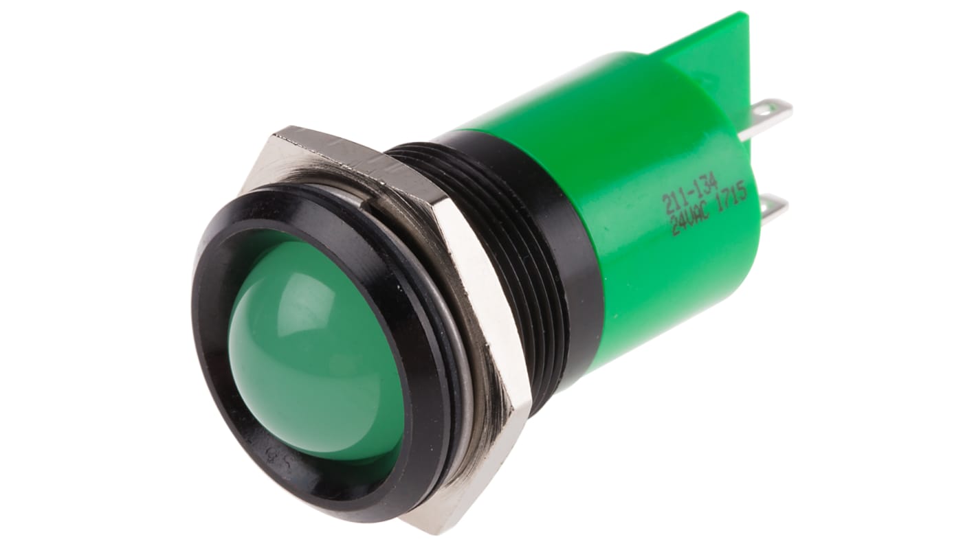 RS PRO Green Panel Mount Indicator, 24V ac, 22mm Mounting Hole Size, Solder Tab Termination