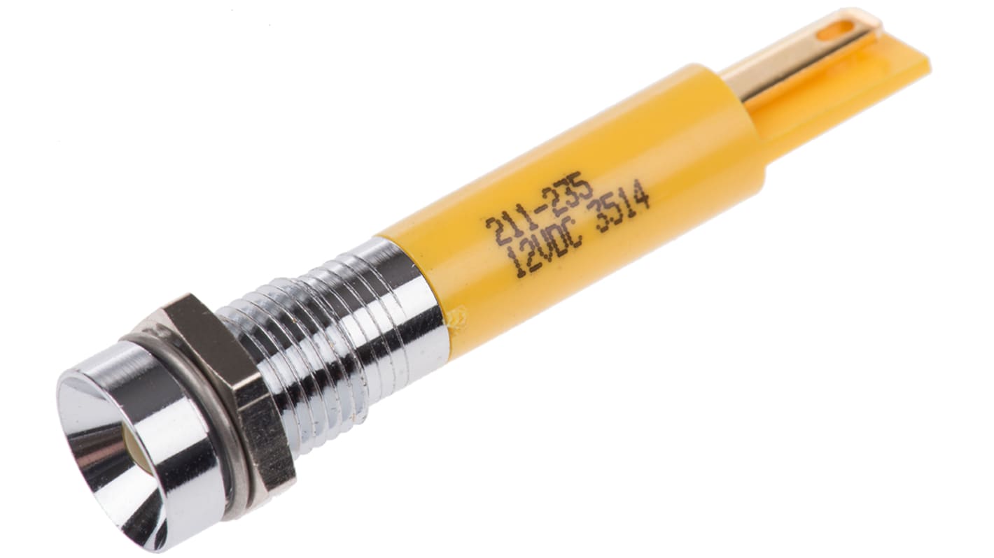 RS PRO 黄色LED面板指示灯, 12V 直流, 20mA, Φ8mm安装孔, 焊片端接, 凹入式边框, 铬色边框