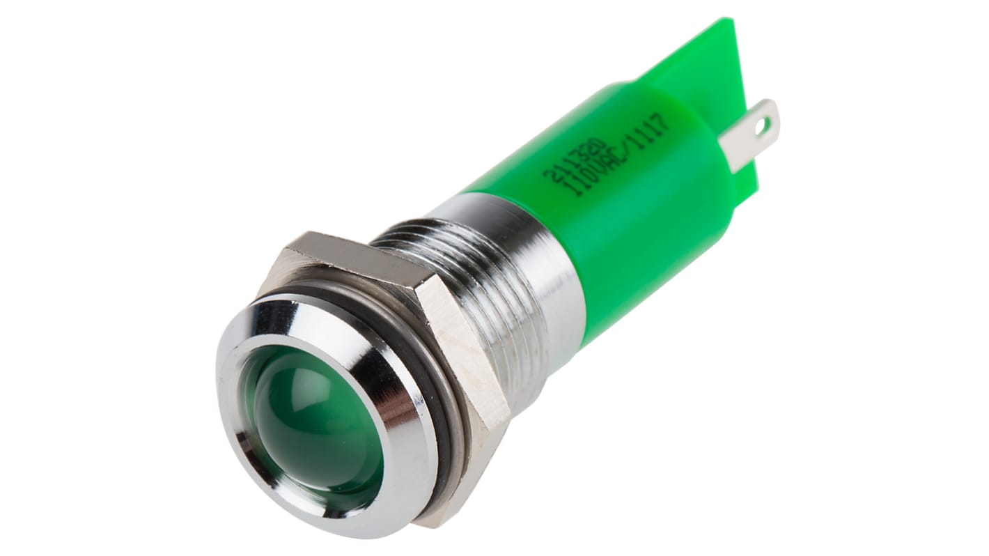 RS PRO 绿色面板指示灯, 110V 交流, Φ14.5mm安装孔, 焊片端接, 凸型边框, 铬色边框, IP40