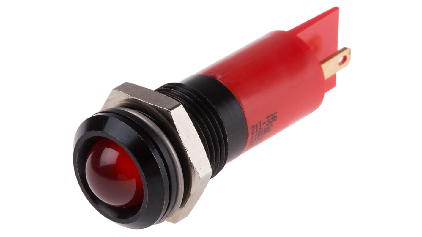 Indicador RS PRO, Rojo, lente prominente, marco Negro, Ø montaje 14.5mm, 110V ac, IP40