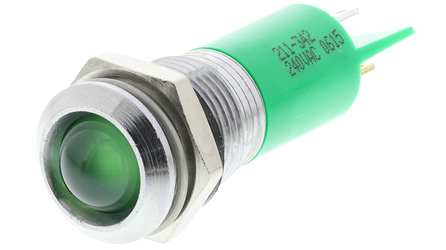 Indicador RS PRO, Verde, lente prominente, marco Cromo, Ø montaje 14.5mm, 240V, IP40