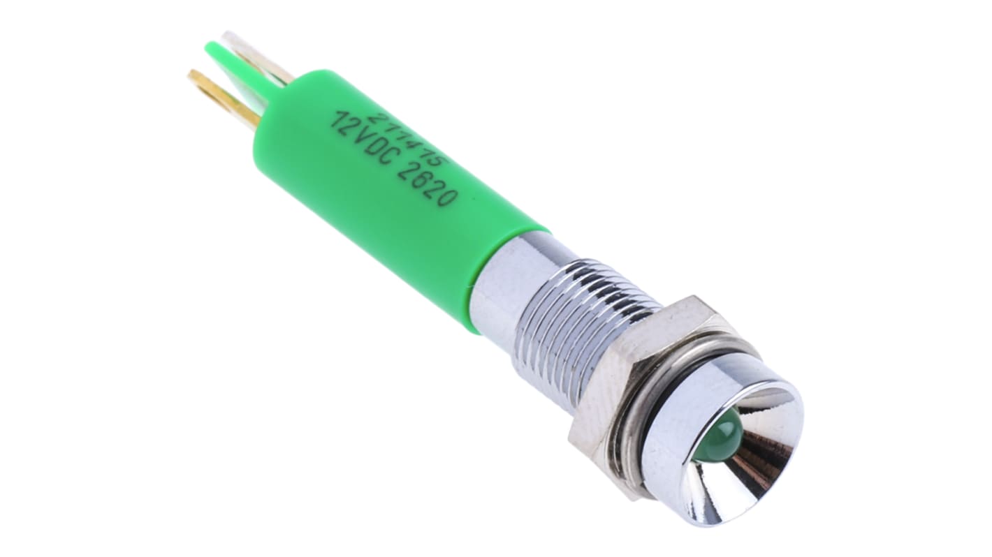 Indicatore da pannello RS PRO Verde  a LED, 12V cc, Ad incasso, foro da 6mm