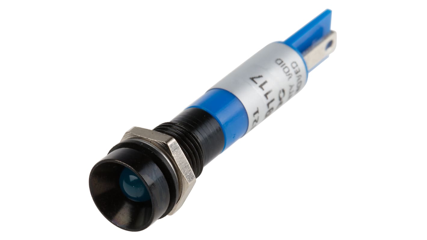 RS PRO Blue Panel Mount Indicator, 24V dc, 8mm Mounting Hole Size, Solder Tab Termination, IP67