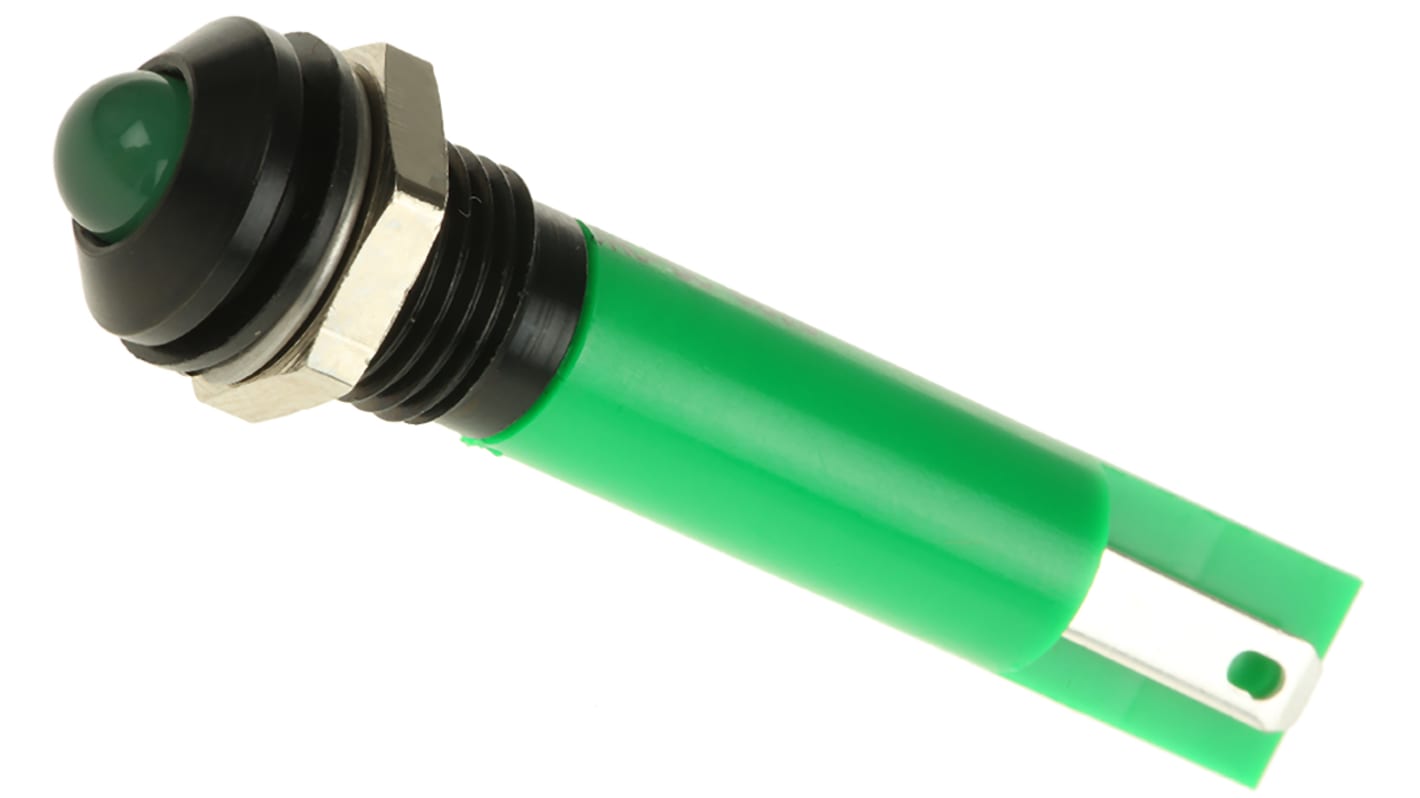 RS PRO Green Panel Mount Indicator, 24V ac/dc, 8mm Mounting Hole Size, Solder Tab Termination, IP67