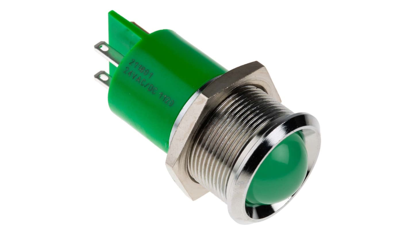 RS PRO Green Panel Mount Indicator, 24V ac/dc, 22mm Mounting Hole Size, Solder Tab Termination