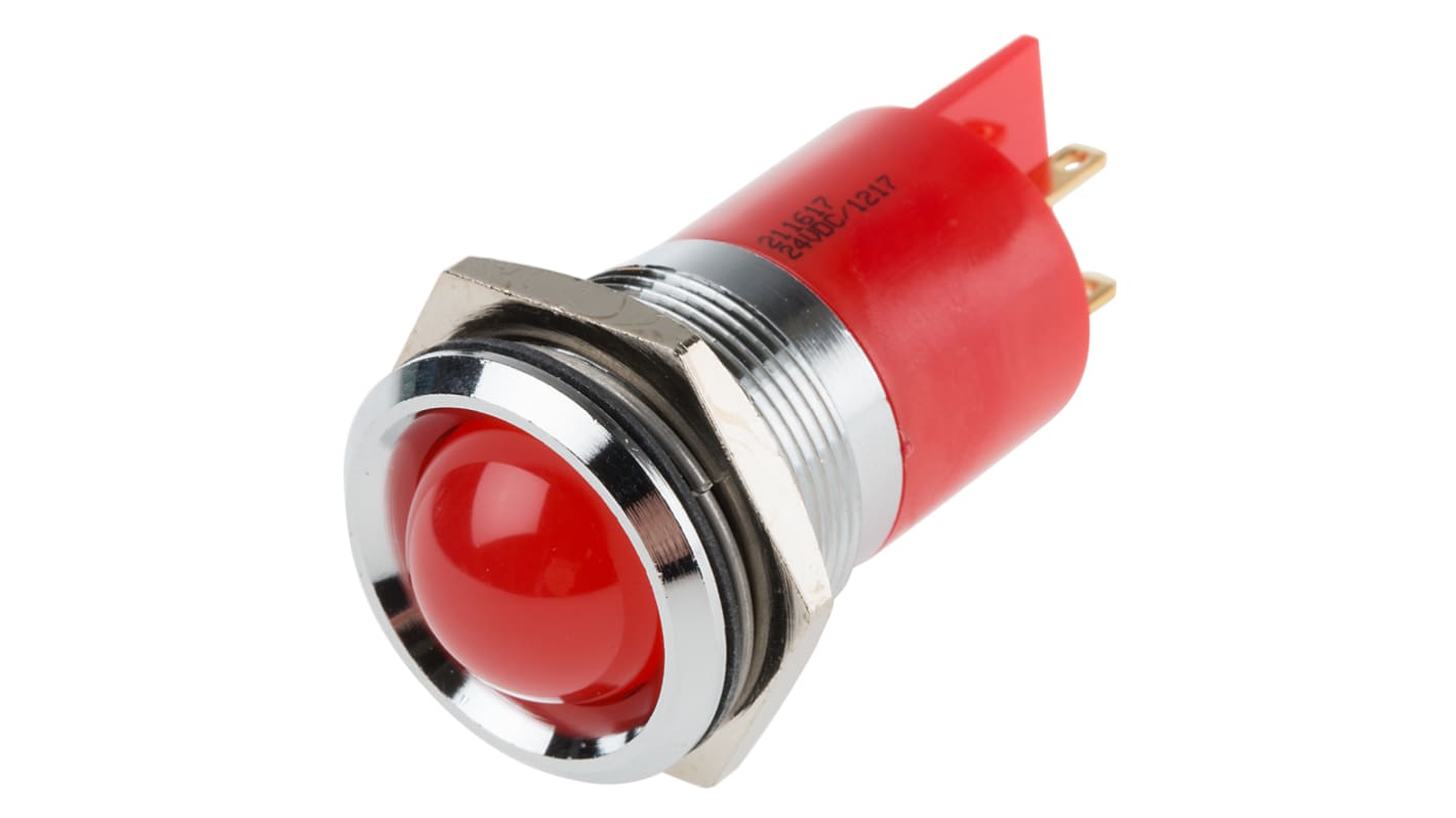 RS PRO 红色LED面板指示灯, 24V 交流/直流, 20mA, Φ22mm安装孔, 焊片端接, 凸型边框, 铬色边框