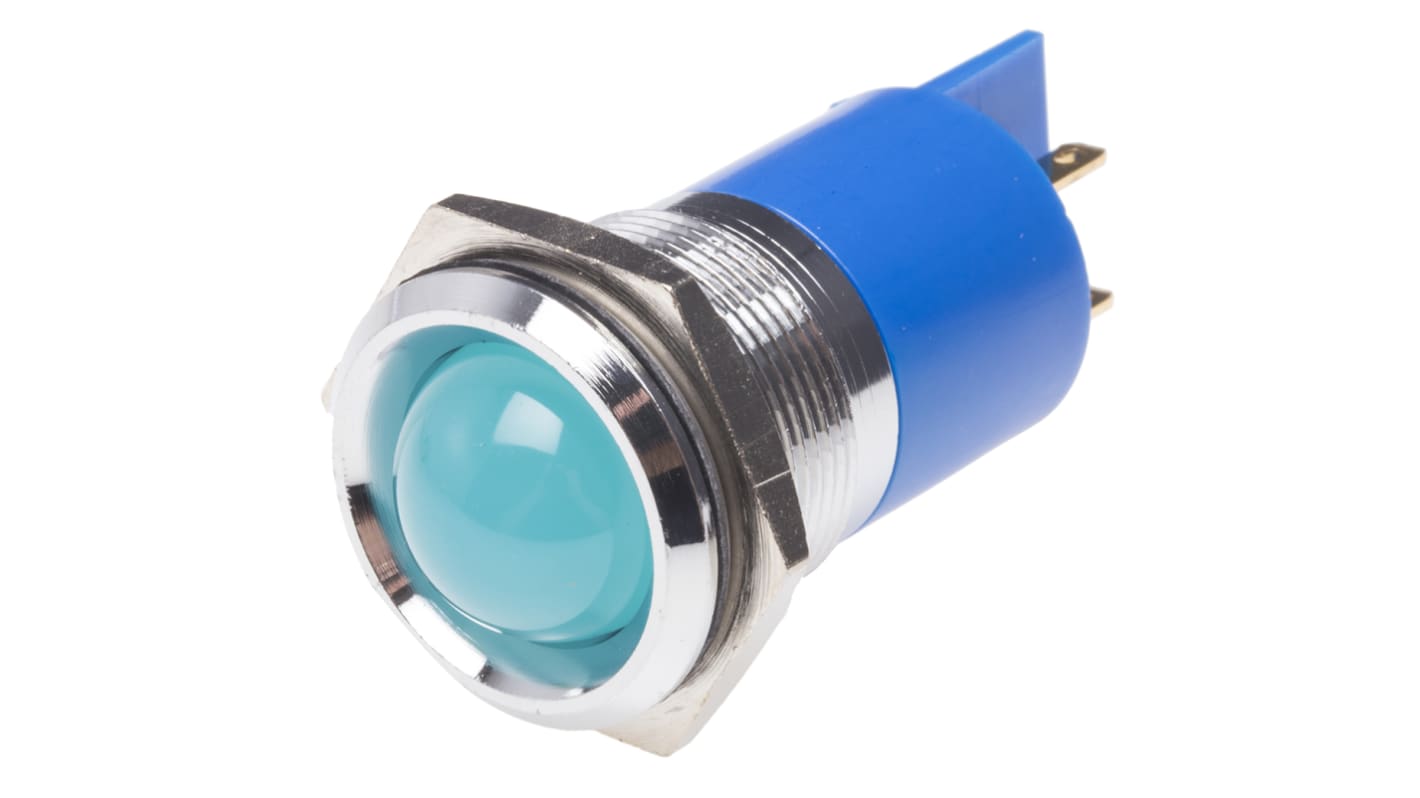 Indicador LED RS PRO, Azul, lente prominente, marco Cromo, Ø montaje 22mm, 20mA, 120mcd