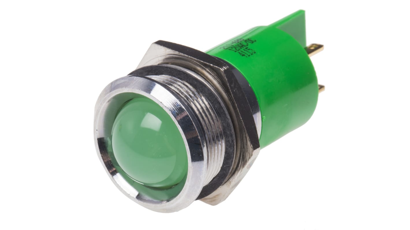 RS PRO Grøn Lysdiode Panelmonteret kontrollampe 22mm hulstr., Fremspringende, Loddeflig, 12V, Krom frontramme