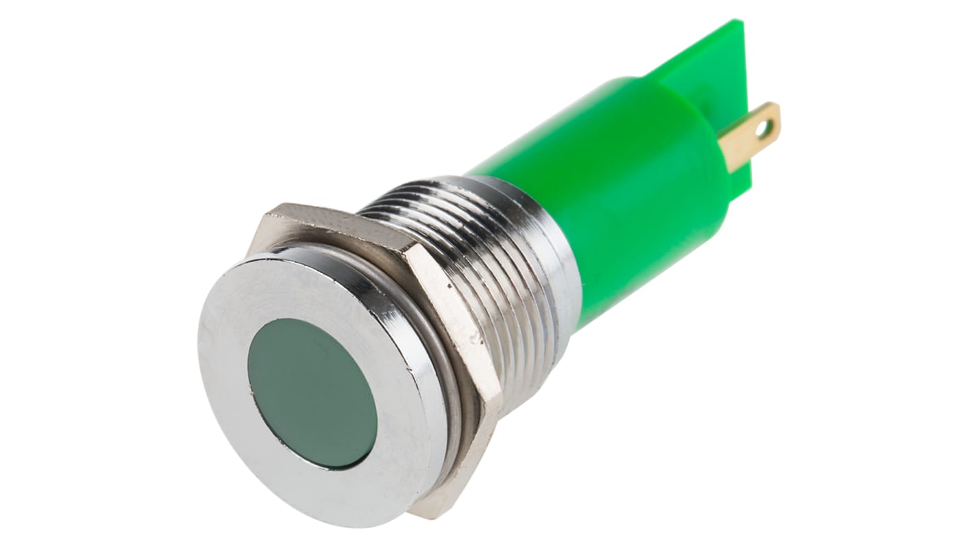 RS PRO 绿色LED面板指示灯, 24V 交流/直流, 20mA, Φ16mm安装孔, 焊片端接, 嵌入式边框, 铬色边框, IP67