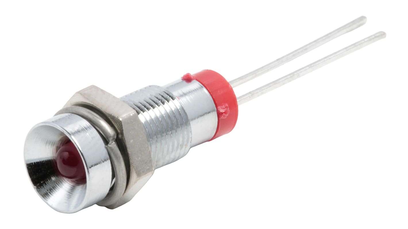 RS PRO 红色LED面板指示灯, 2V 直流, 20mA, Φ6mm安装孔, 引脚端接, 凹入式边框, 铬色边框