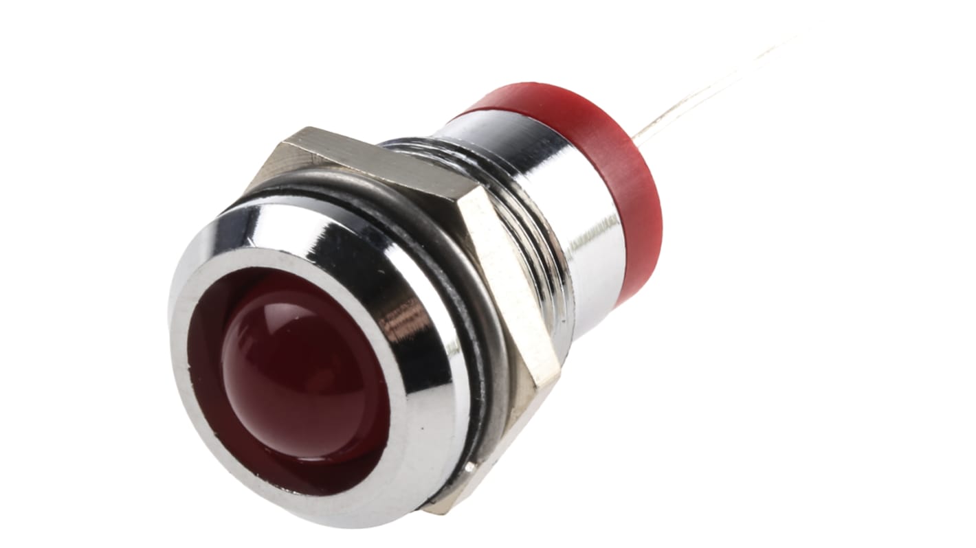 Indicador LED RS PRO, Rojo, lente prominente, marco Cromo, Ø montaje 12mm, 2V dc, 20mA, 2700mcd