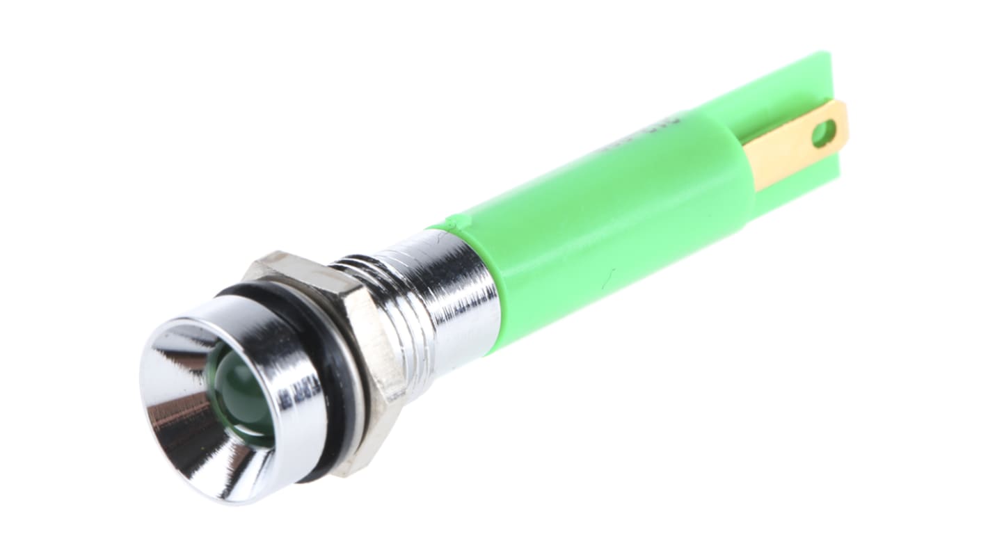 RS PRO Green Panel Mount Indicator, 24V c.c., 8mm Mounting Hole Size, Solder Tab Termination, IP67