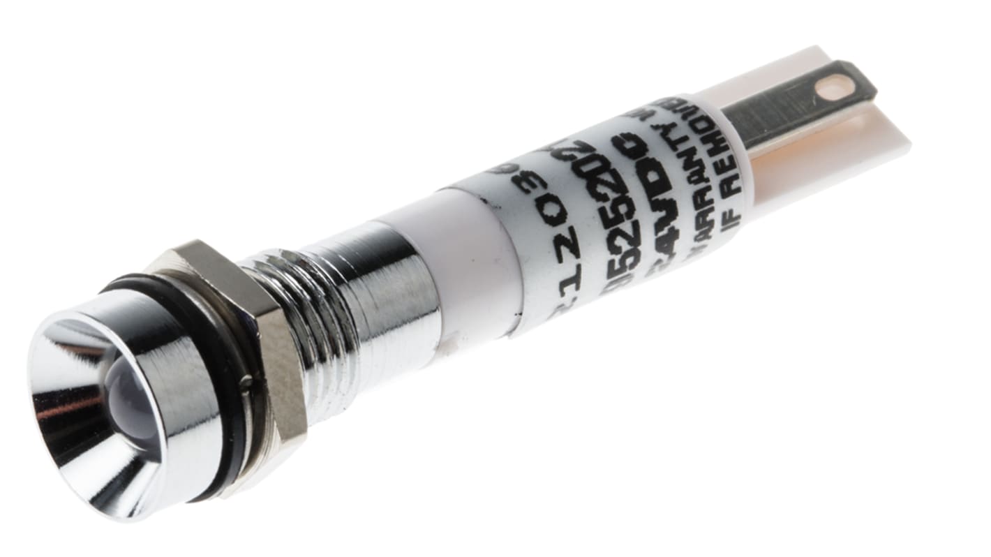 RS PRO 白色LED面板指示灯, 20mA, Φ8mm安装孔, 焊片端接, 凹入式边框, 铬色边框, IP67