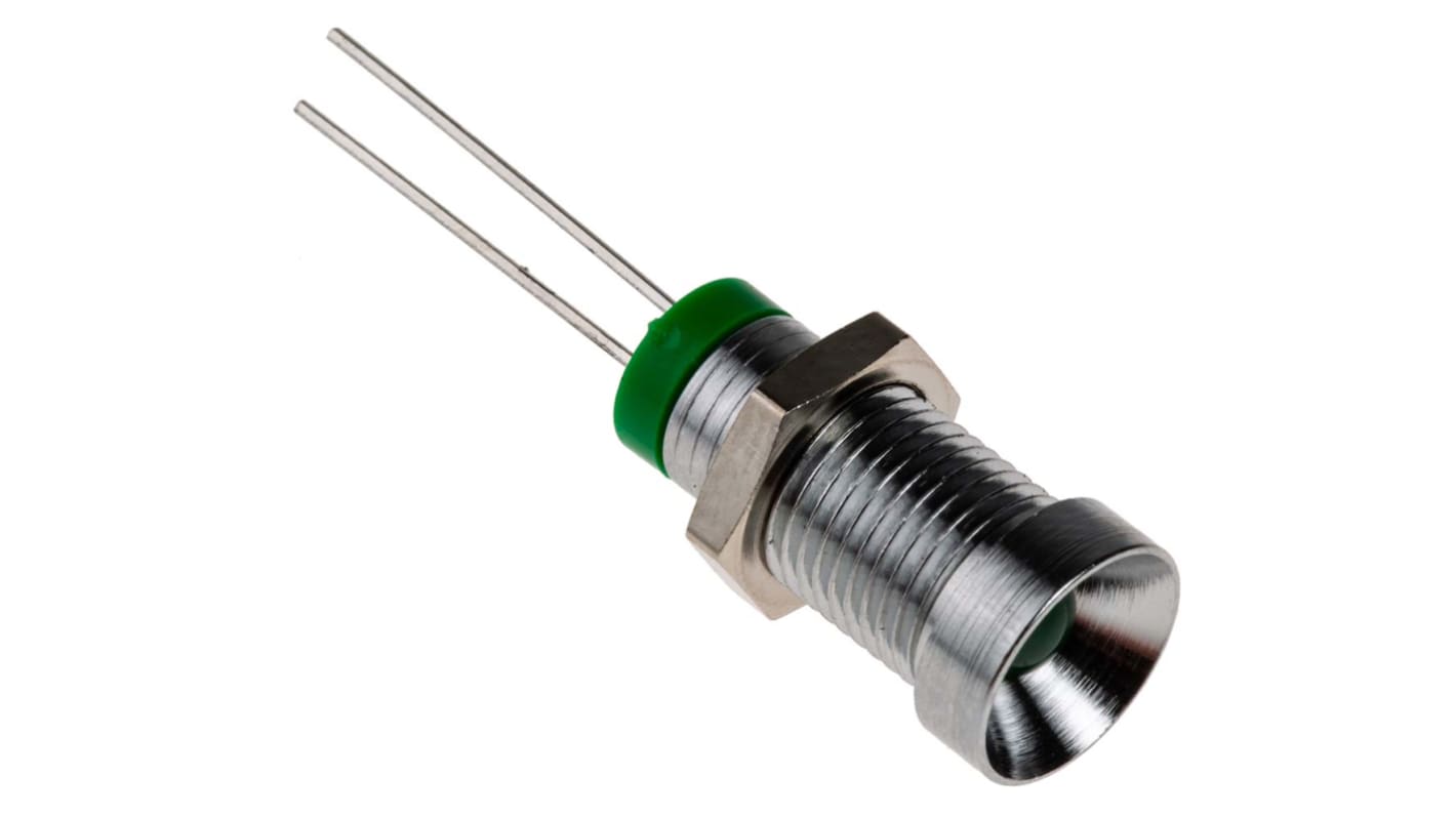 RS PRO 绿色LED面板指示灯, 2V 直流, 20mA, Φ8mm安装孔, 凹入式边框, 铬色边框, IP67