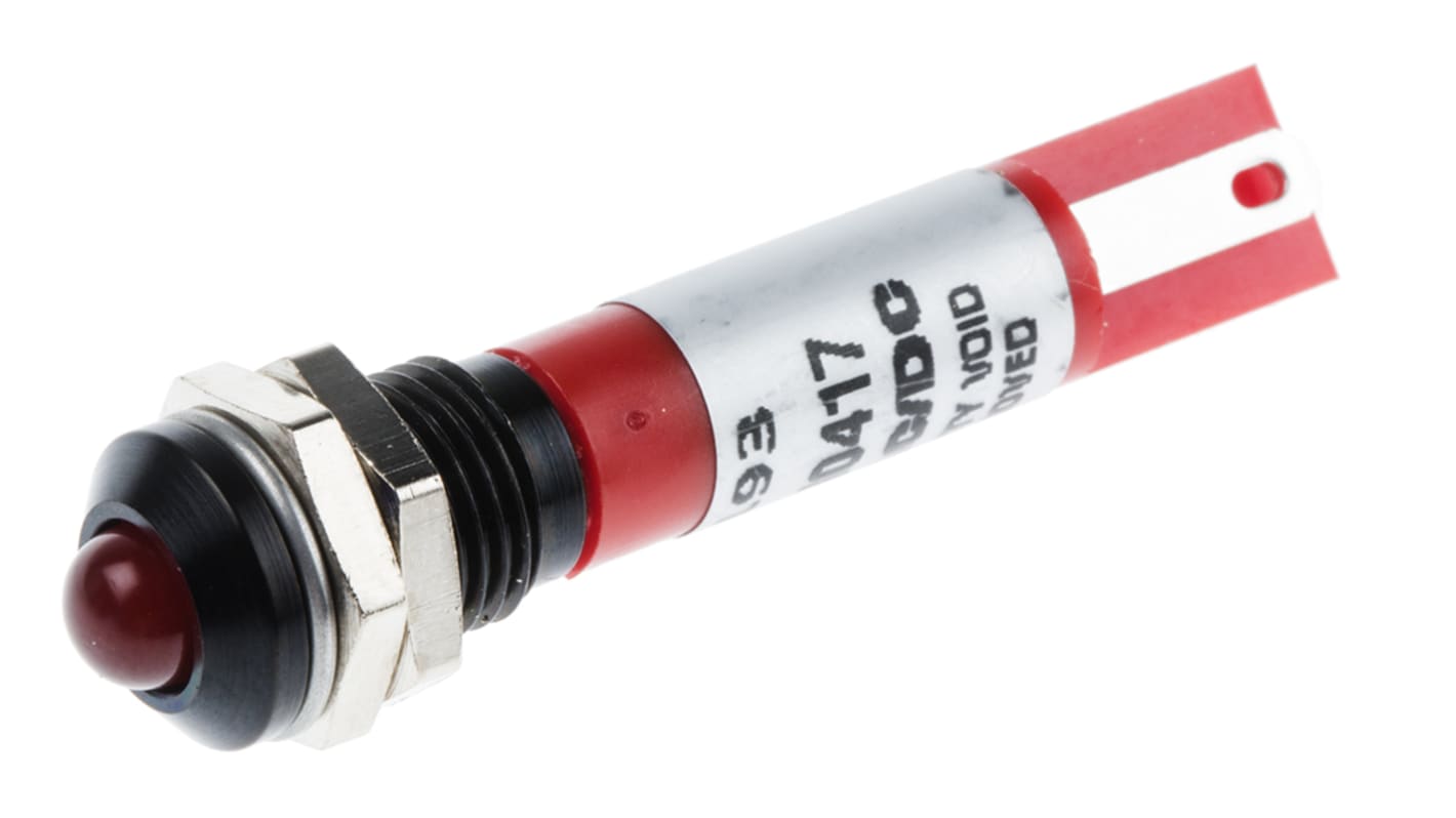 RS PRO Red Panel Mount Indicator, 24V dc, 8mm Mounting Hole Size, Solder Tab Termination, IP67